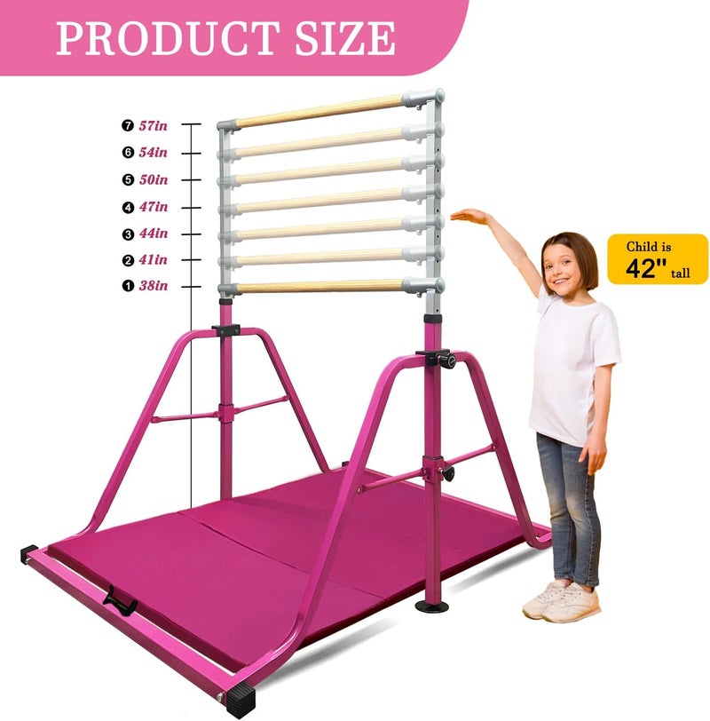 kechery Foldable & Moveable Gymnastics Horizontal Bar with Rings,3’to 5’Adjustable Height Expandable Junior Kip Bar for Home,Indoor Gym Equipment for Kids - Image 5